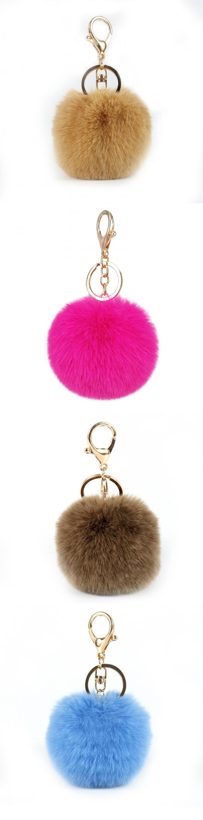 Chaîne principale rose Accessori de Faux de lapin de fourrure de boule de voiture de Pom Pom Key Ring Handbag Pendant de charme mignon en gros de bourse